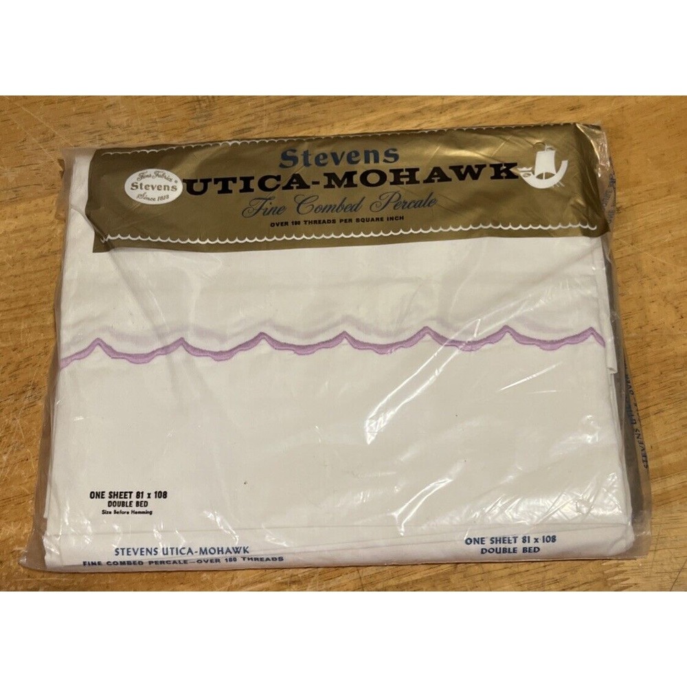 Vintage‎ Stevens Utica Mohawk Lavender Embroidery White Cotton Double Flat Sheet